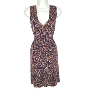 Tory Burch Rust Navy Print Silk Jersey Sleeveless Fitted Dress Zipper S
